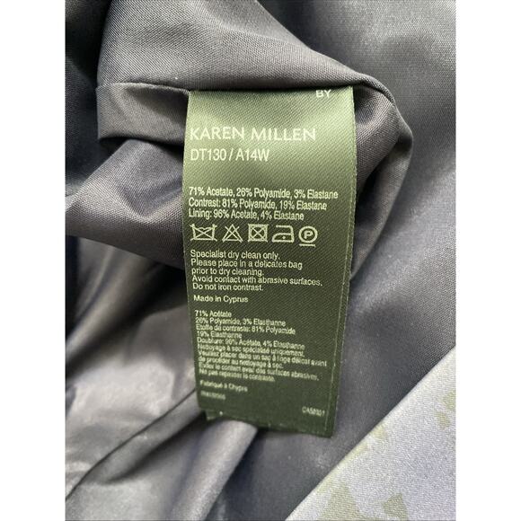 Karen Millen Dress Sheath Round Neck Mesh Sleeve Blue Purple Geometric 4 S - Picture 9 of 9